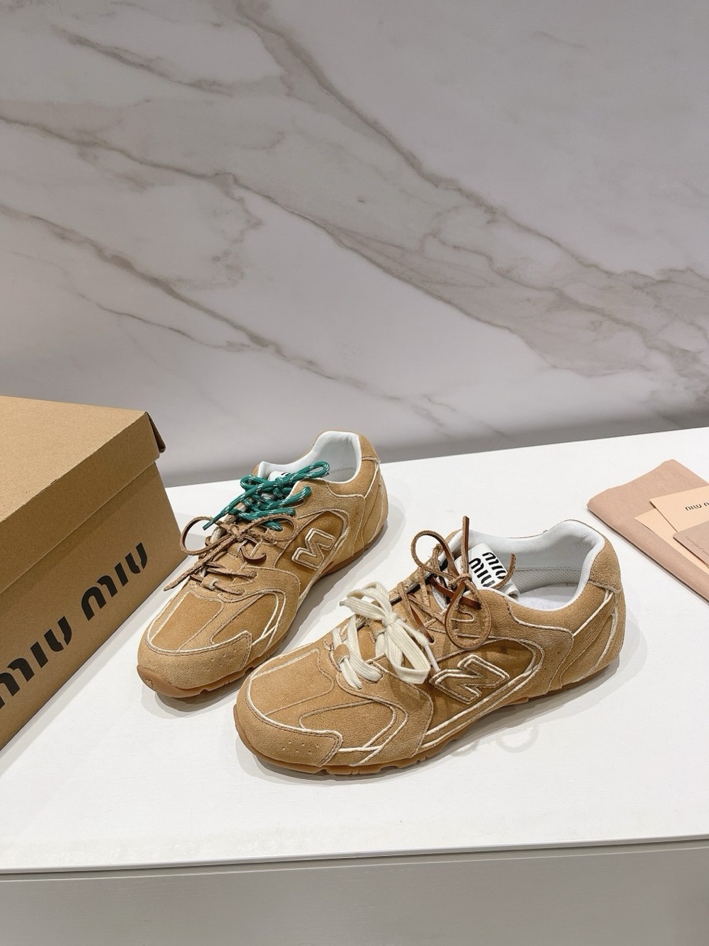 Miu Miu Tan Suede Men's Sneakers with Mixed Laces